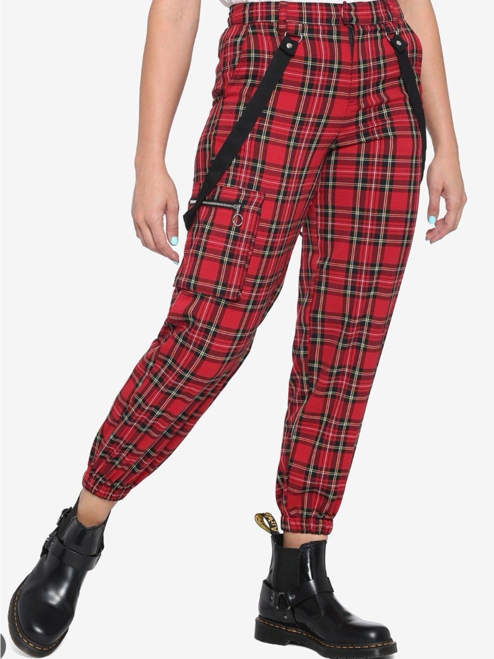 Hot Topic Y2K Grunge Goth Punk Red Plaid Trousers with Black Suspenders